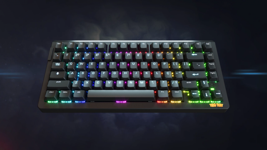 Teclado ZN175 Pro, que vem com 81 teclas, switch Sky V3, cabo destacável, design gamer na cor preta e retroiluminação em LED