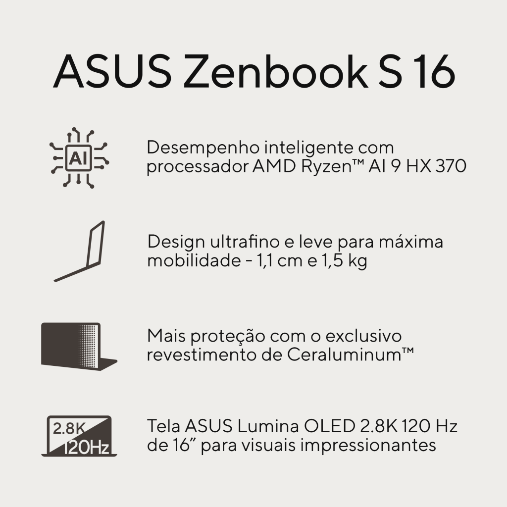 Novo Zenbook S 16 une design ultrafino a alta performance com tecnologia de Inteligência Artificial