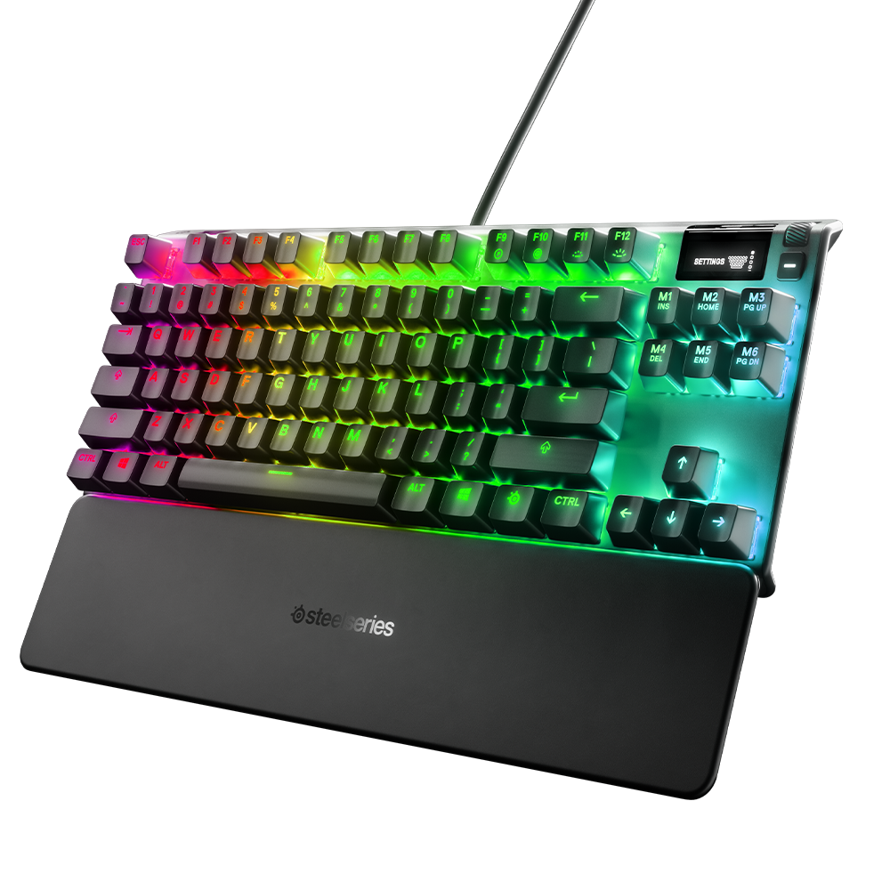 Teclado Apex 9 Mini - modelo mecânico com design compacto (60%) e chaves ópticas OptiPoint, construído em alumínio aeronáutico para maior resistência;